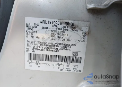 2007 Ford Edge Sel z USA, uszkodzony, nr VIN 2FMDK38C17BA55086